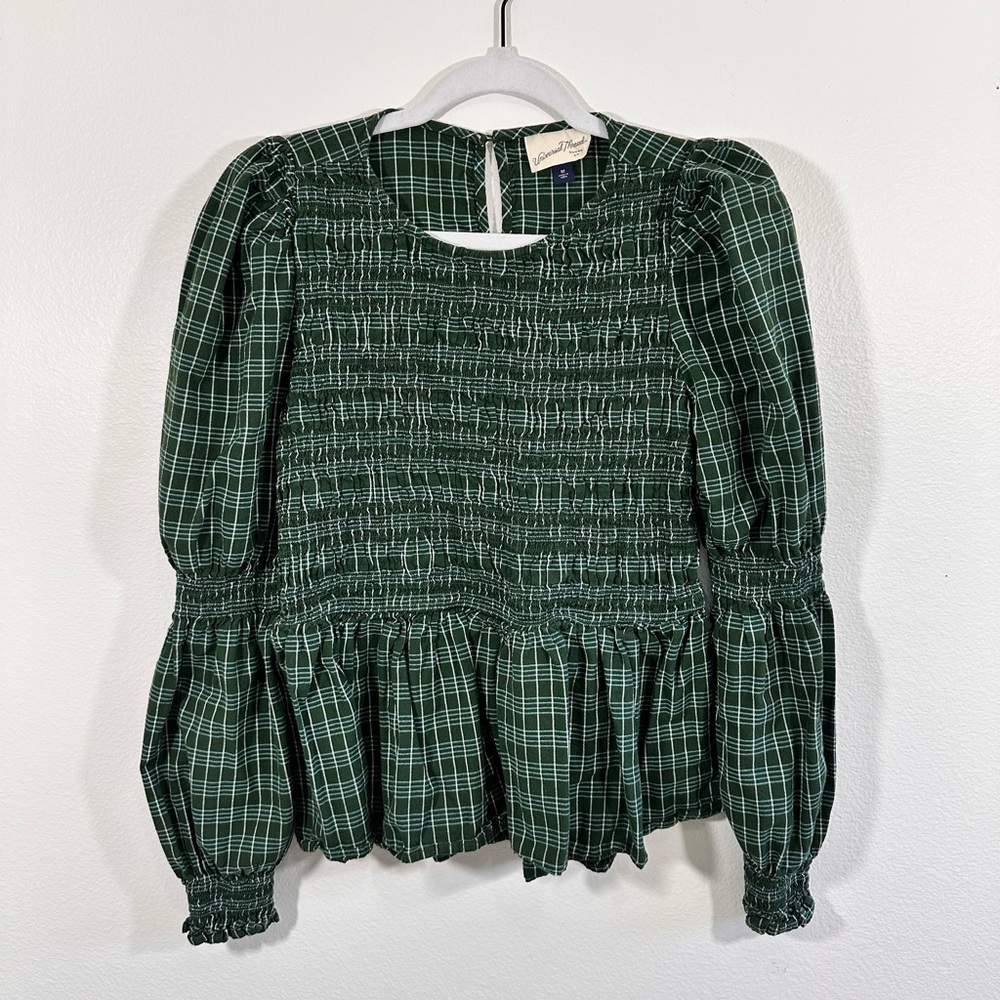 Universal Thread Prairie Peplum Blouse M Green Plaid Puff Sleeve Cottagecore